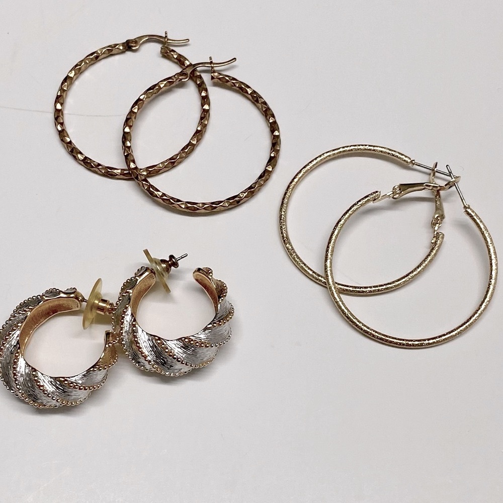 Gold Tone Hoop Earrings Lot 3 Pairs
